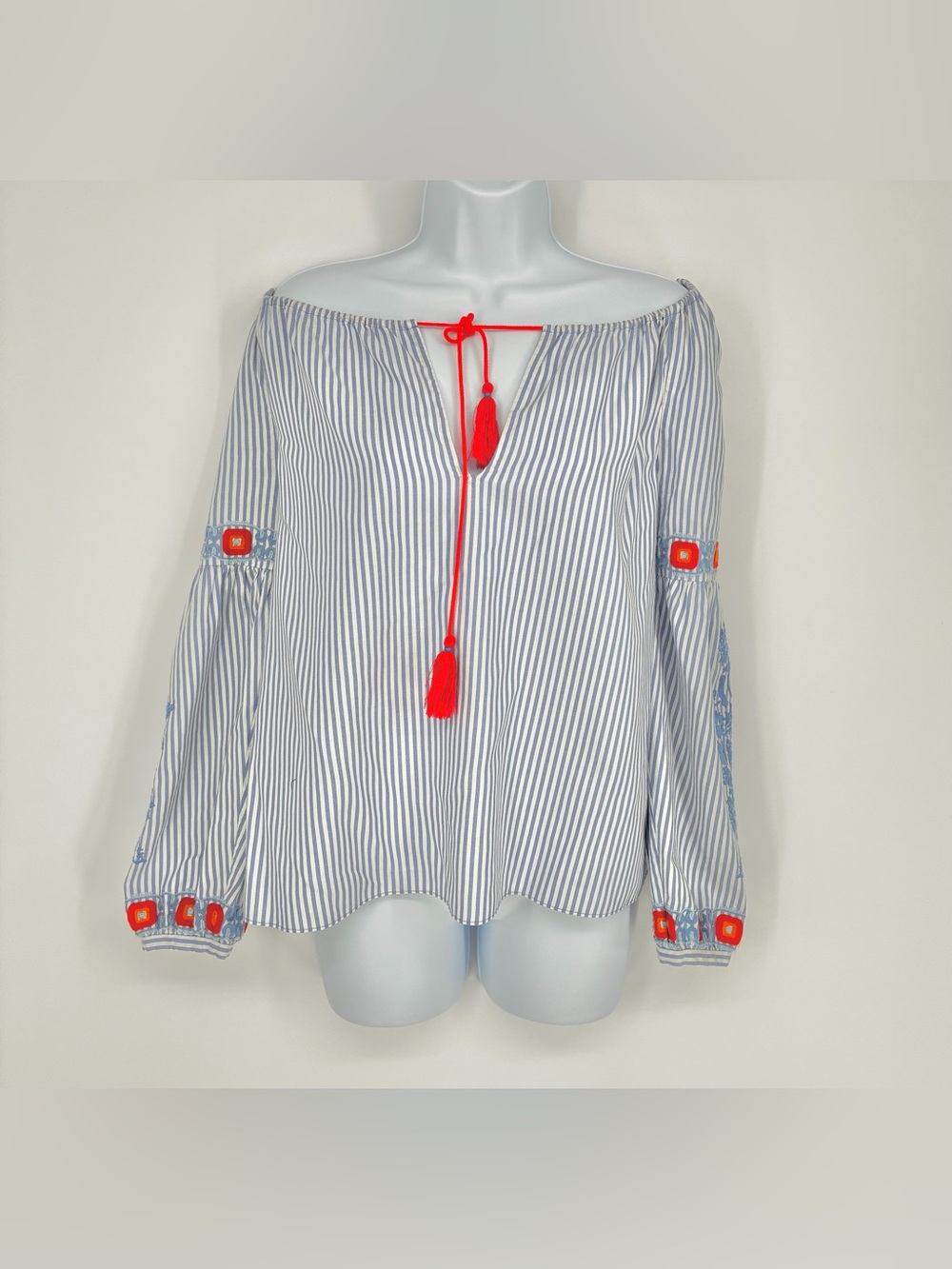 Tory Burch Blue White Striped Embroidered Tassel Peasant Blouse Tunic Size 2